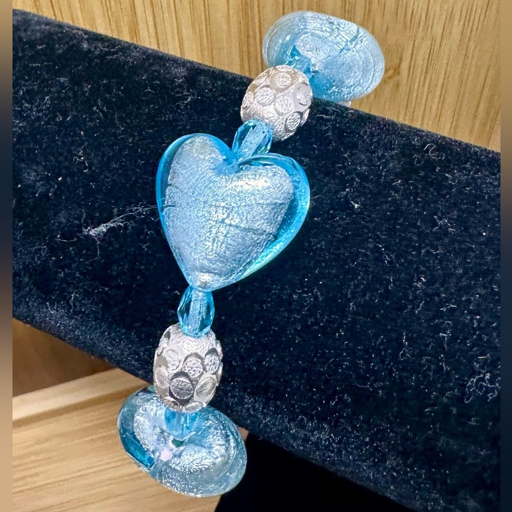 Artisan 925 Sterling Silver & Blue Foil Art Glass Hearts Link Bracelet; 8”